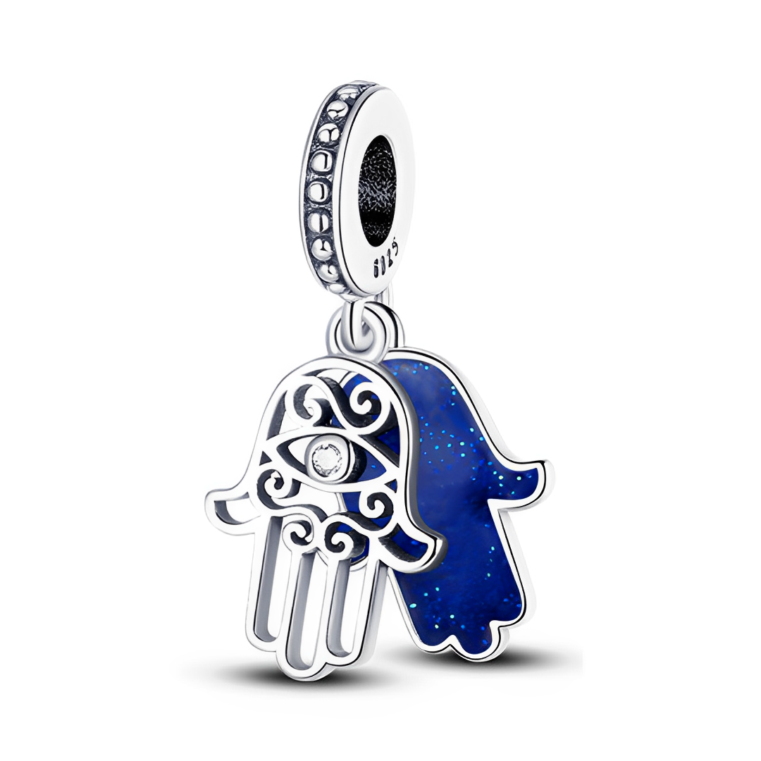 Blue Glitter Hamsa Hand Dangle Charm with intricate silver design and deep blue glitter enamel.