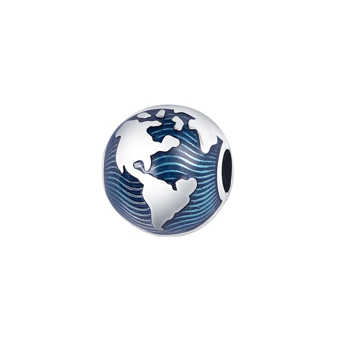 Blue Globe World Clip Charm featuring navy and teal enamel oceans with raised silver continents.