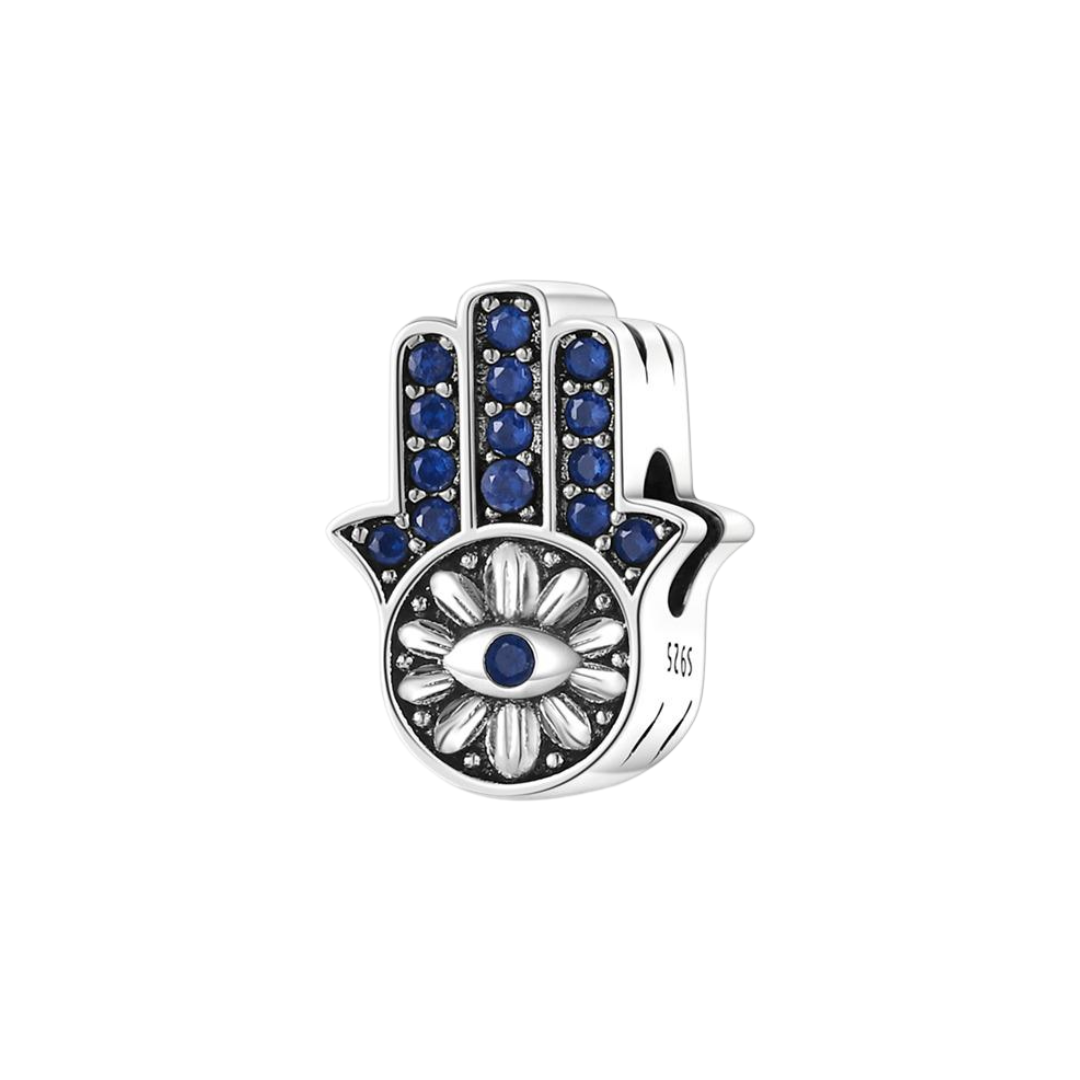 Blue Hamsa Hand Evil Eye Charm featuring deep blue stones and silver mandala design, perfect for spiritual protection.