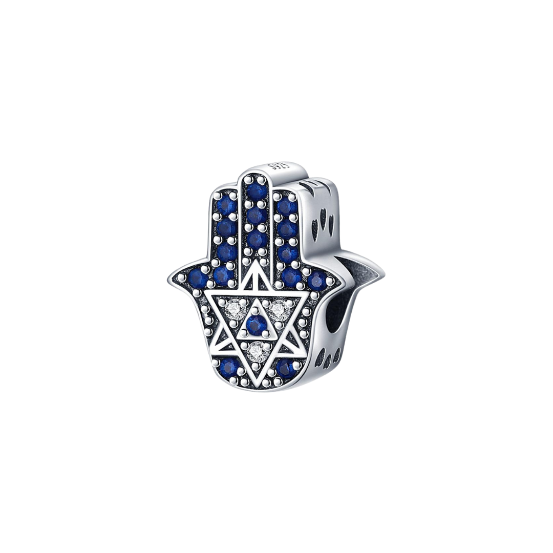 Blue Hamsa Hand Star of David Charm with deep blue stones and silver details, representing sacred symbolism.