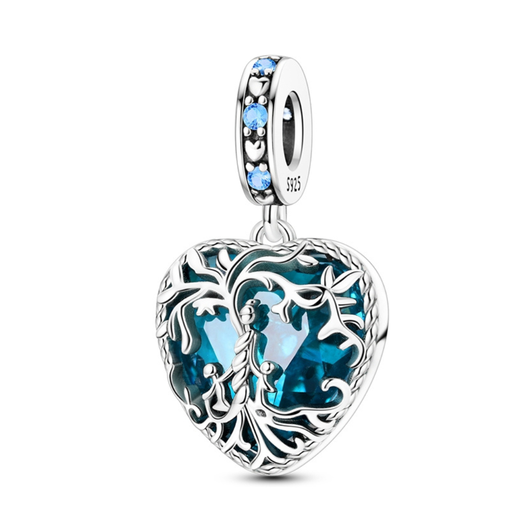Blue Heart of Nature Dangle Charm featuring elegant design with intricate vine details and blue gemstone.
