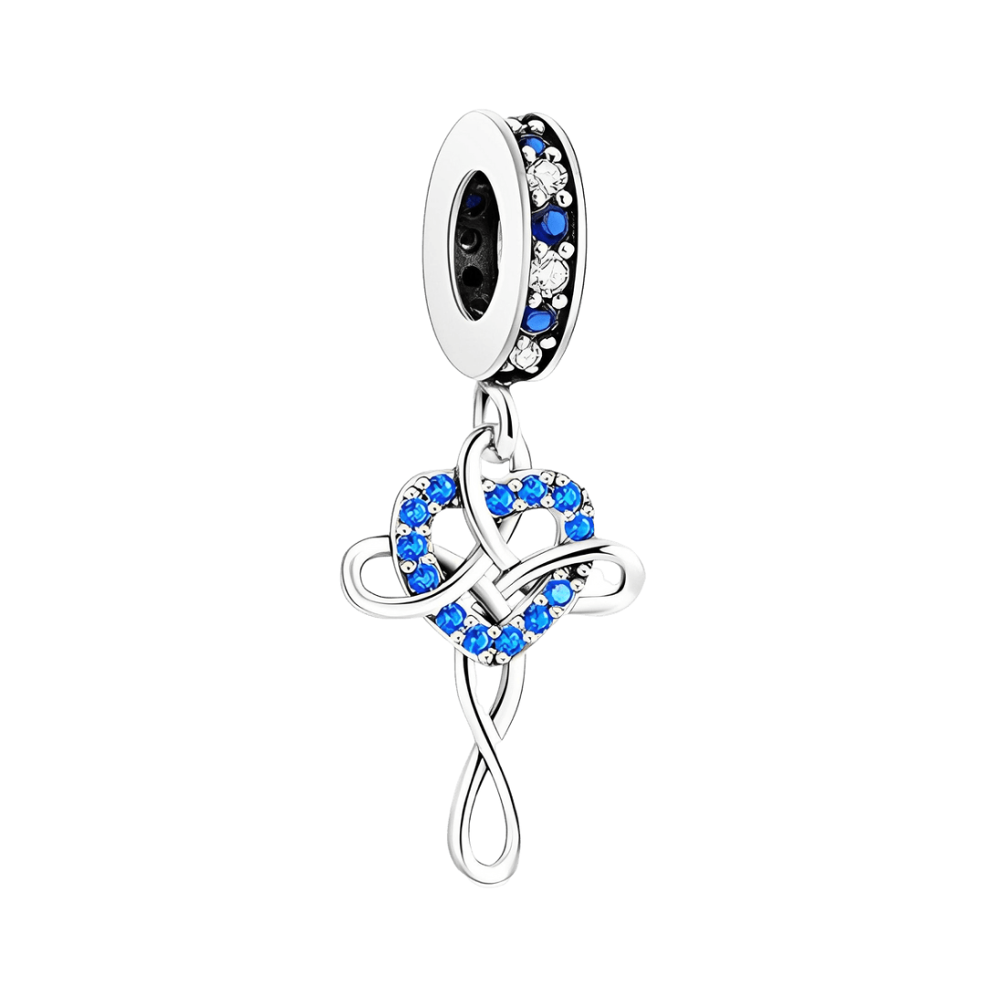 Blue Infinity and Heart Dangle Charm ( Discontinued ) featuring a heart and infinity loop with blue zircon stones.