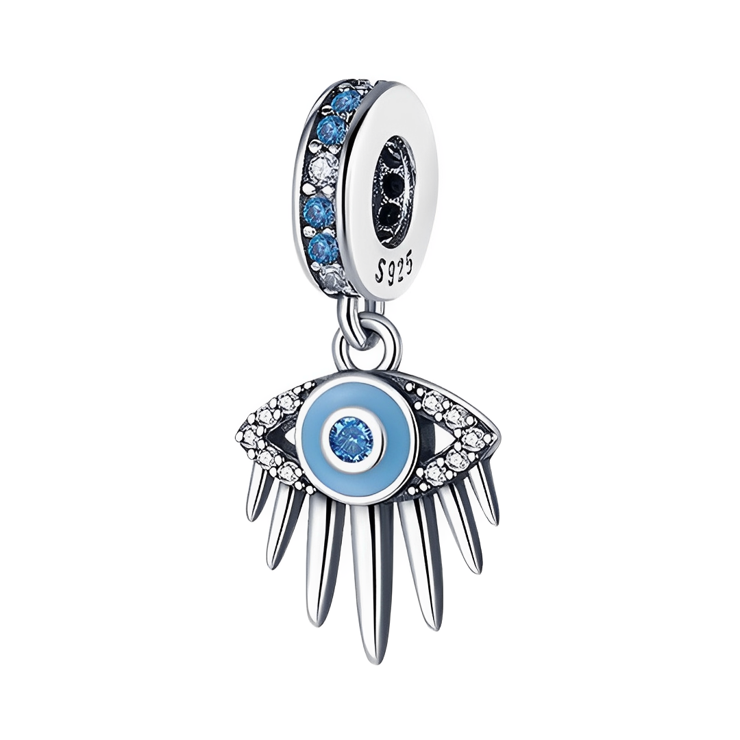 Blue Lash Evil Eye Dangle Charm with sparkling stones and blue enamel eye design.