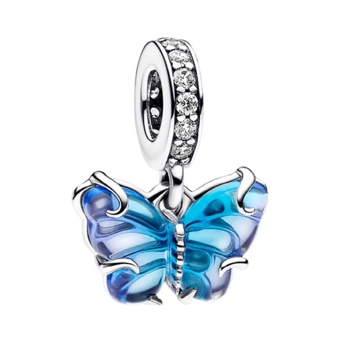 Blue Murano Glass Butterfly Dangle Charm featuring handcrafted blue butterfly design with shimmering details.