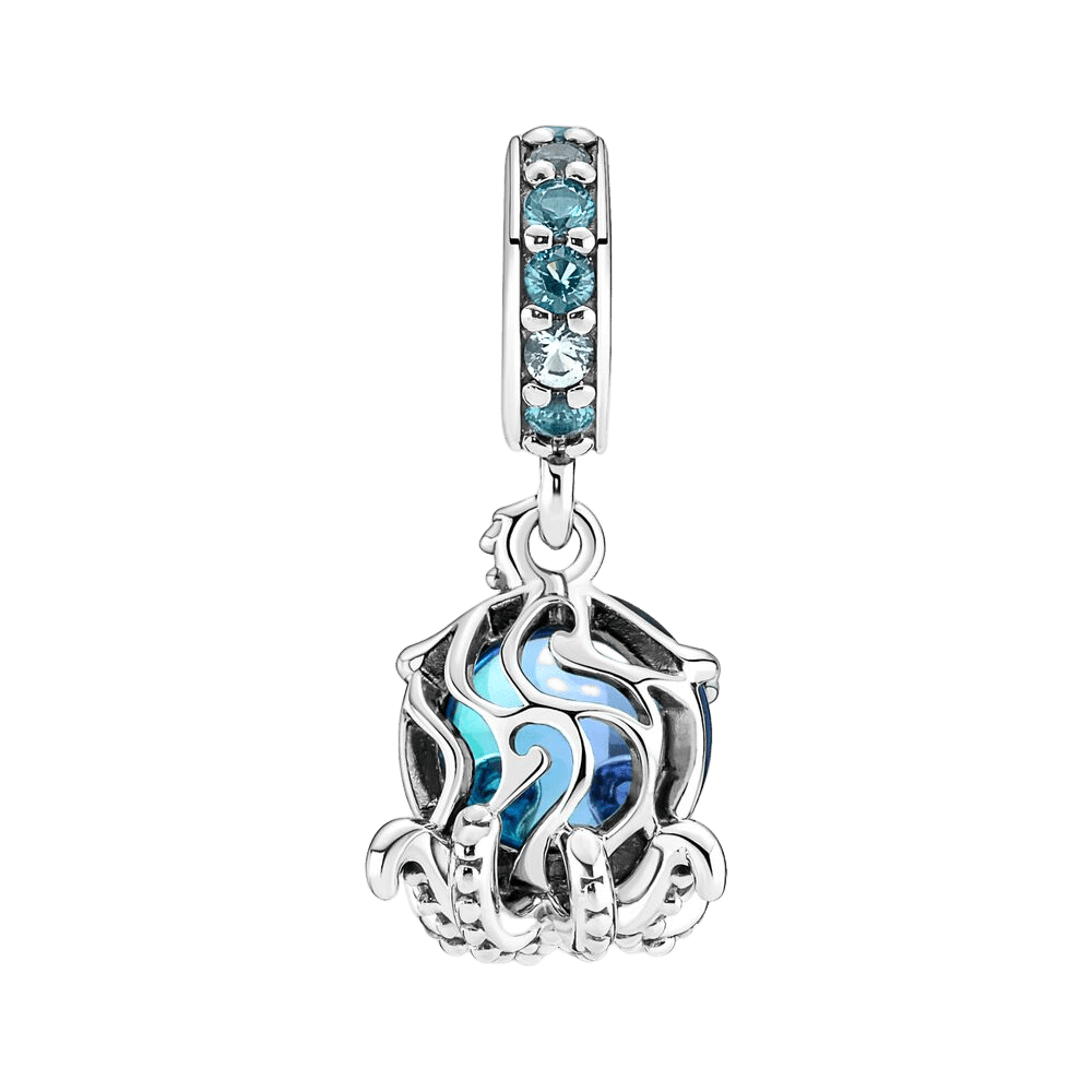 Blue Murano Glass Octopus Dangle Charm with silver tentacles and blue stone eyes.