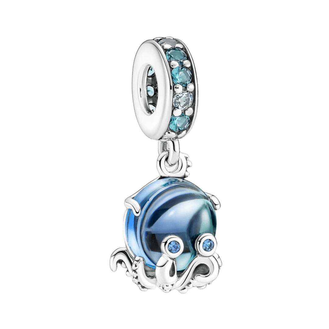 Blue Murano Glass Octopus Dangle Charm with blue stone eyes and silver tentacles, perfect for ocean lovers.