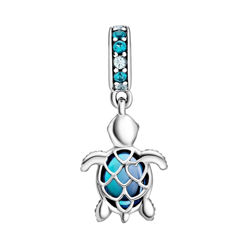 Blue Murano Glass Sea Turtle Dangle Charm featuring intricate blue glass and silver details.