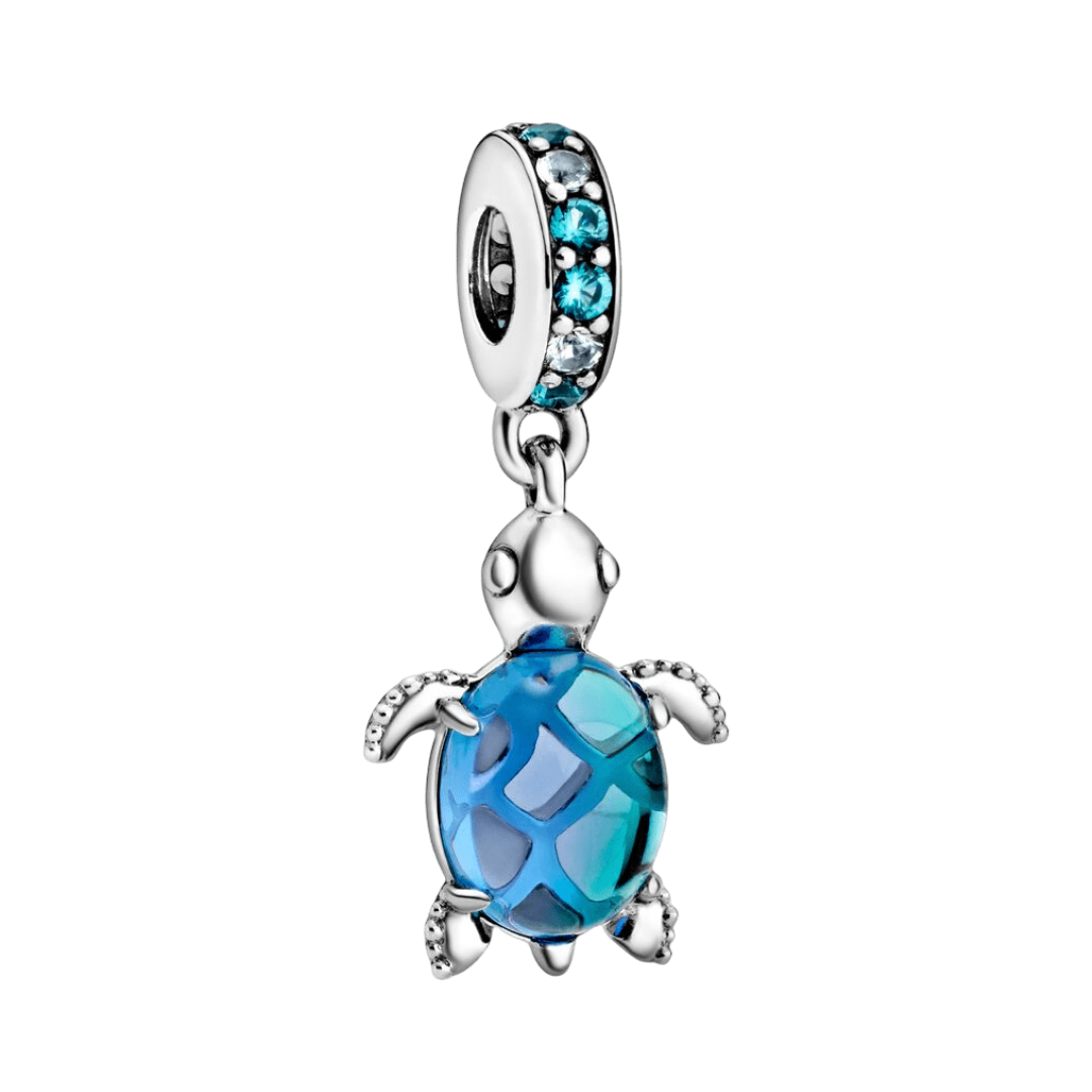 Blue Murano Glass Sea Turtle Dangle Charm showcasing deep ocean blue and teal glass, ideal for ocean lovers.