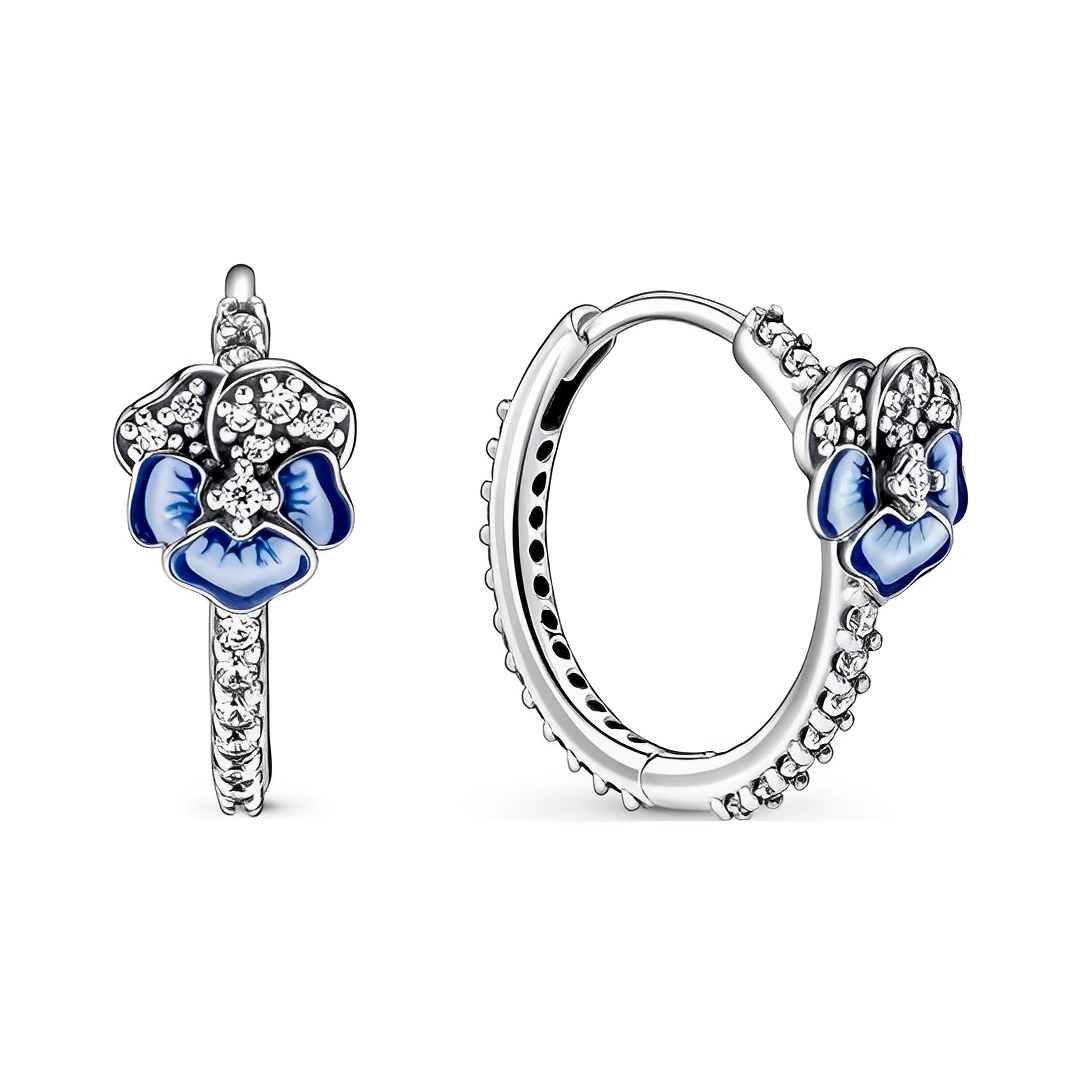 Blue Pansy Hoop Earrings featuring floral design with blue enamel and sparkling accents, perfect for floral jewelry lovers.