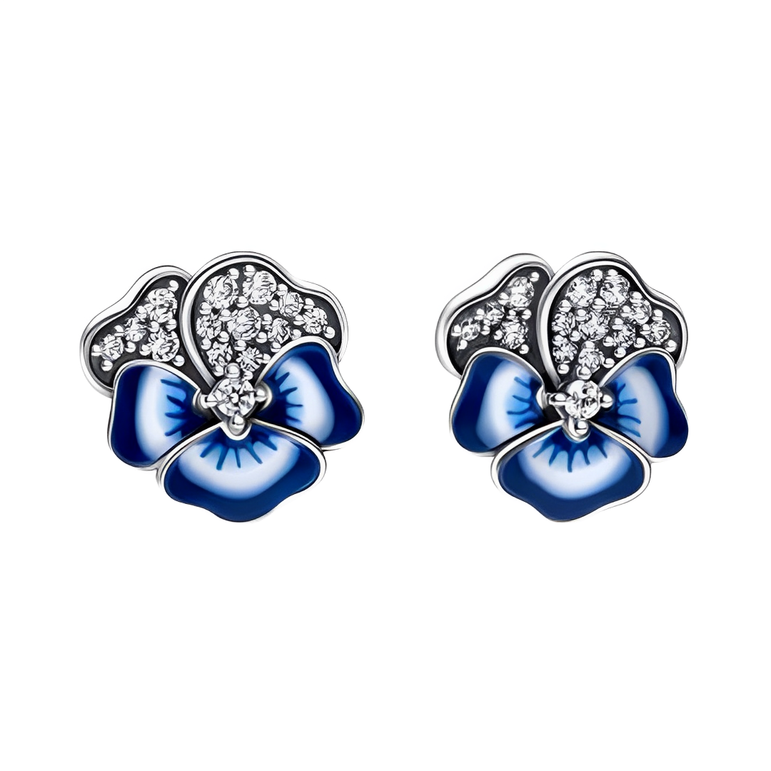 Blue Pansy Stud Earrings featuring a vibrant floral design and sparkling accents, perfect for a thoughtful gift.