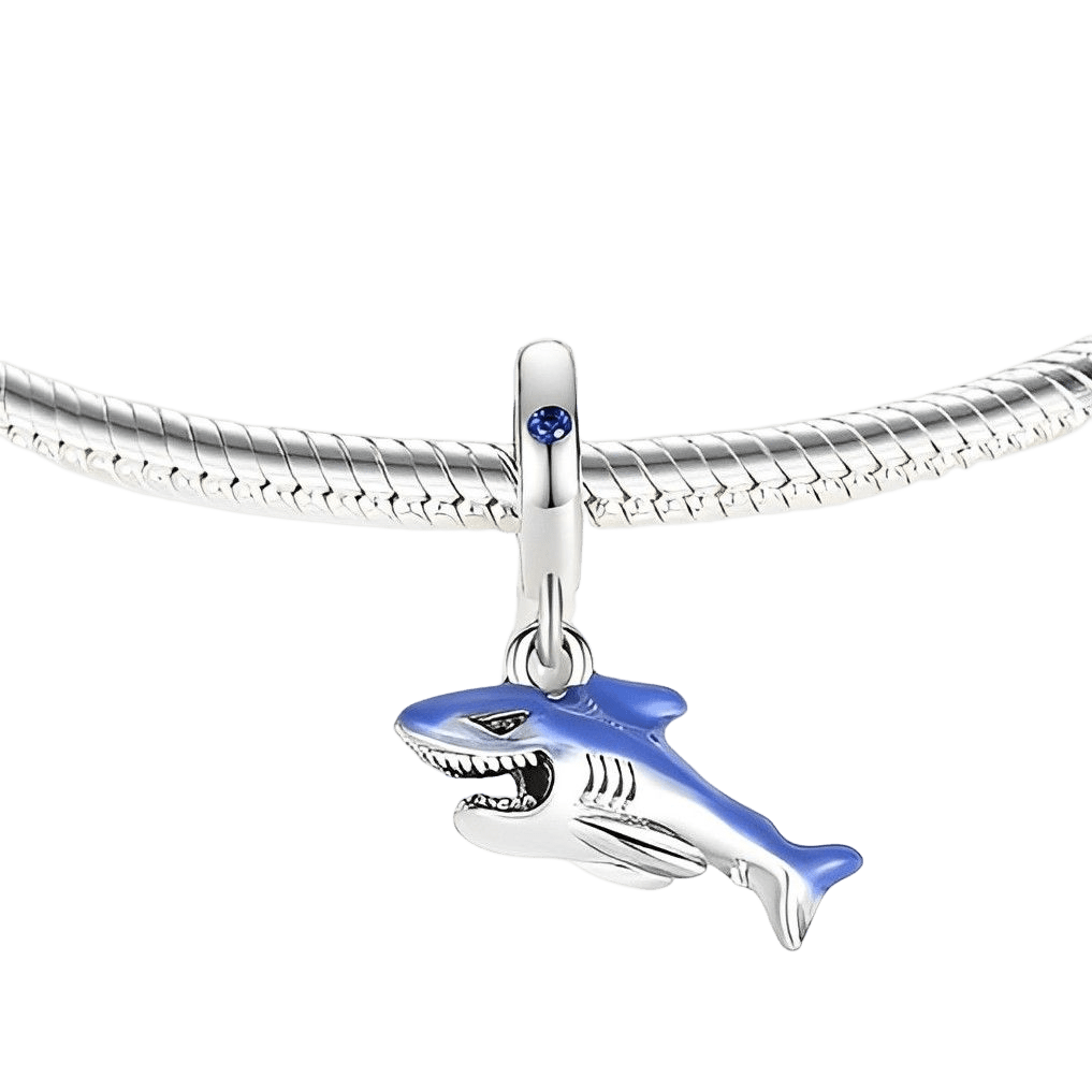 Blue Shark Dangle Charm ( Discontinued ) featuring sterling silver and ocean-blue enamel design.