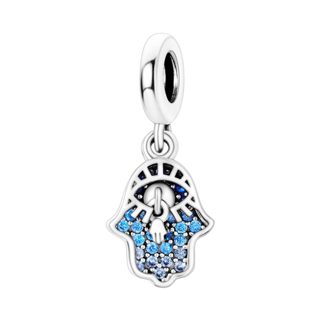 Blue Sparkling Hamsa Hand Dangle Charm ( Discontinued) featuring sterling silver and dazzling blue zircon stones.