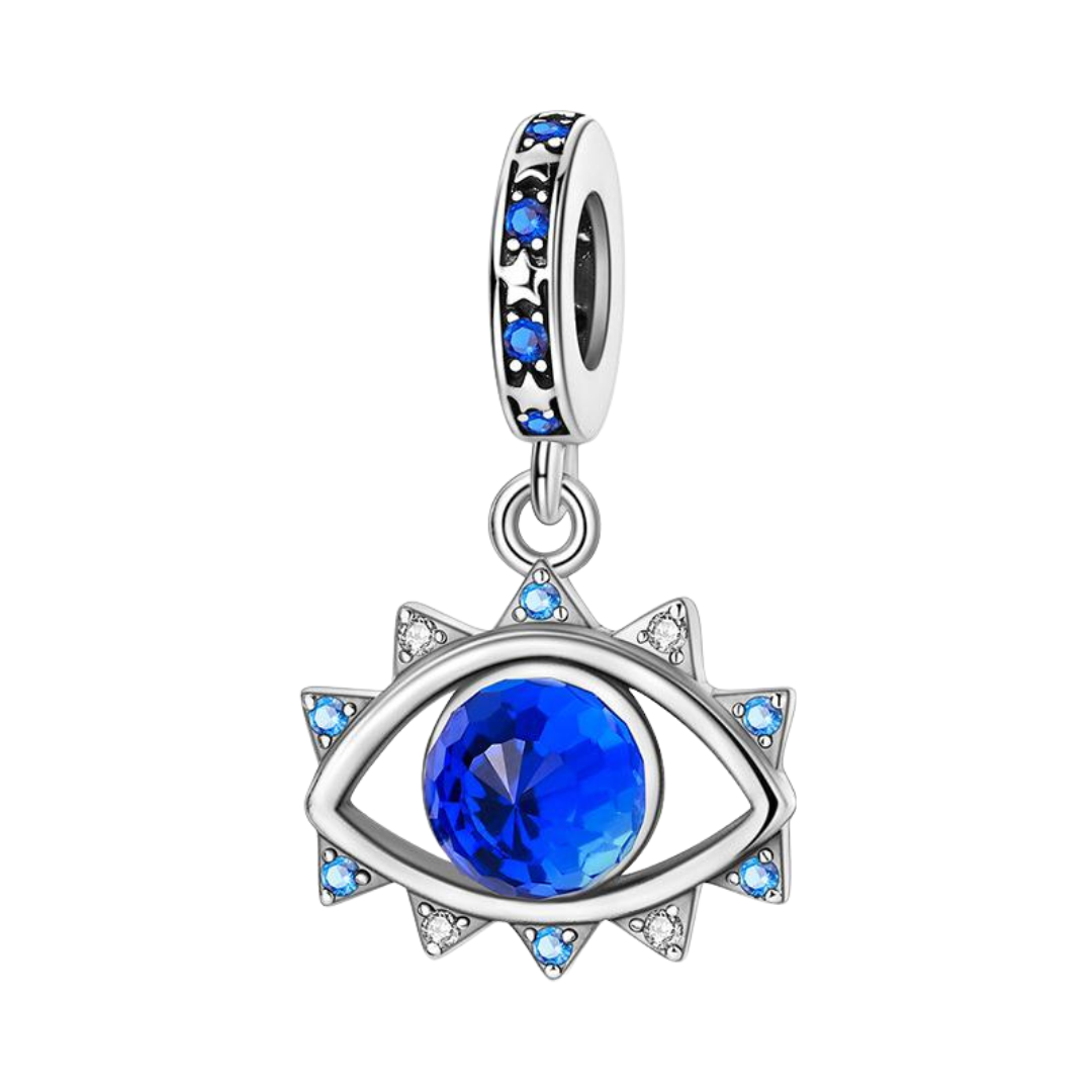 Blue Sun Ray Evil Eye Dangle Charm featuring a deep blue stone and silver sun ray design with sparkling accents.