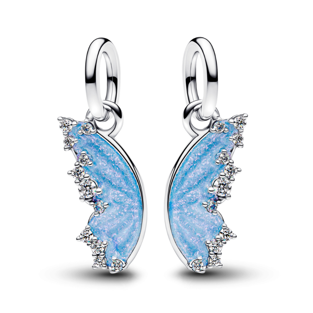 Sparkling Blue Butterfly Wing Double Pendant featuring shimmering blue enamel and sparkling stones.