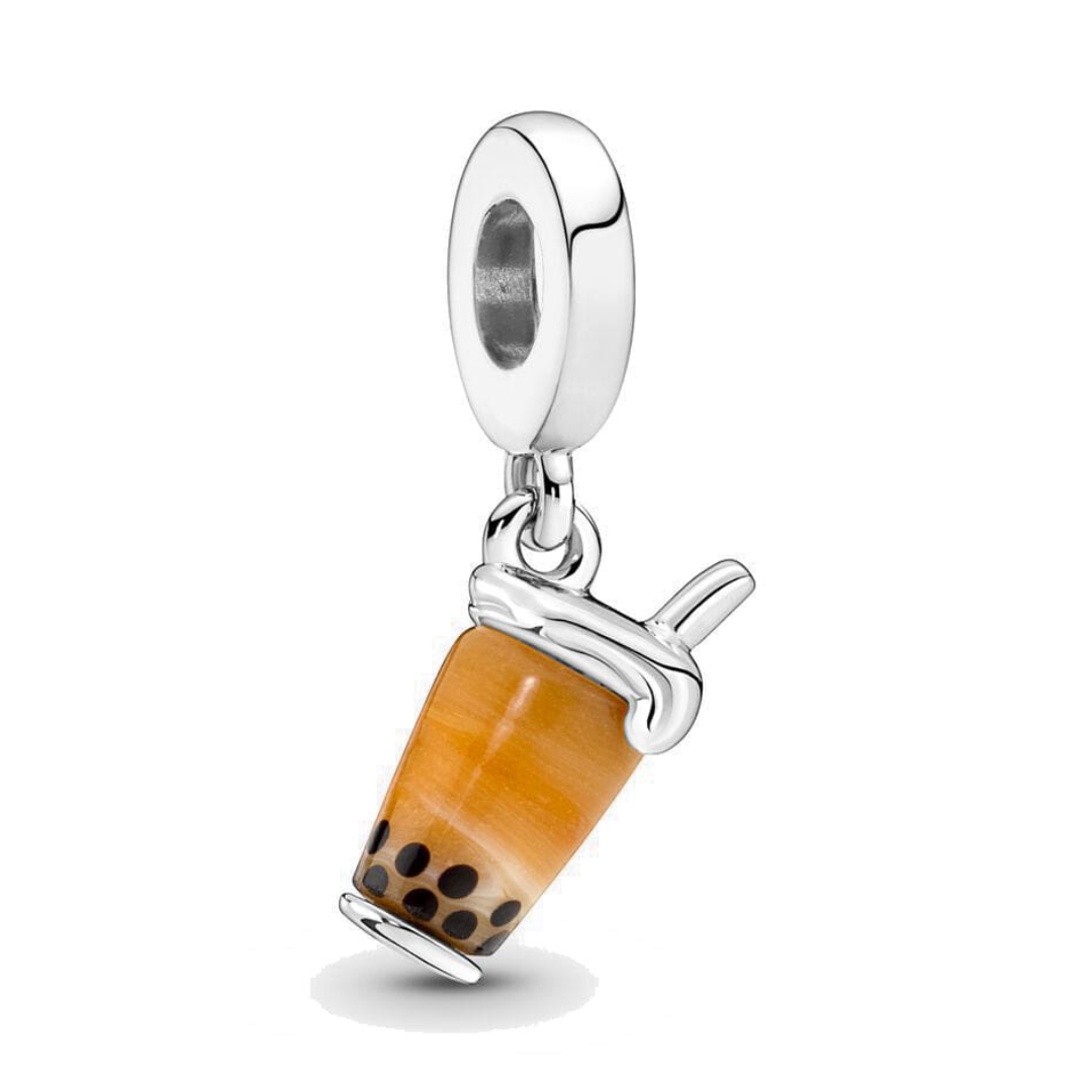 Boba Tea Dangle Charm in amber tones with dark boba pearls, perfect for adding sweetness to your bracelet.