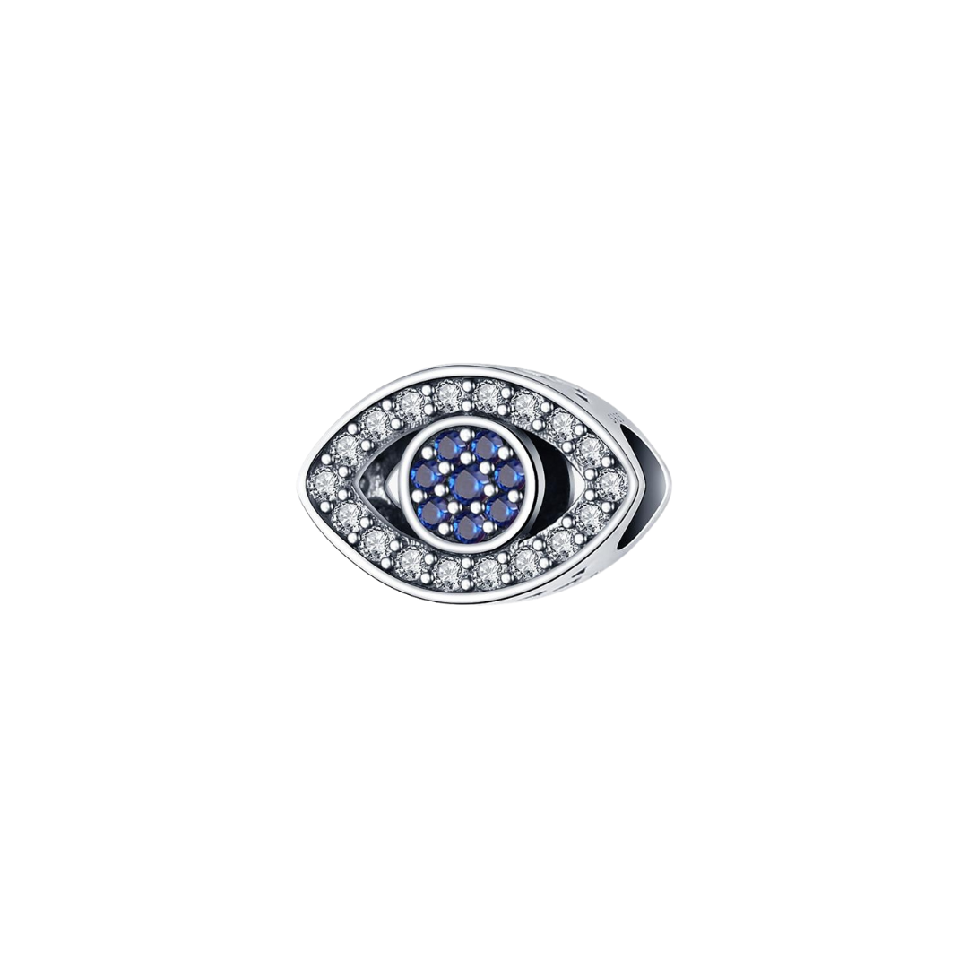 Bold Blue Evil Eye Charm featuring a deep blue center, sparkling halo, and polished silver frame.