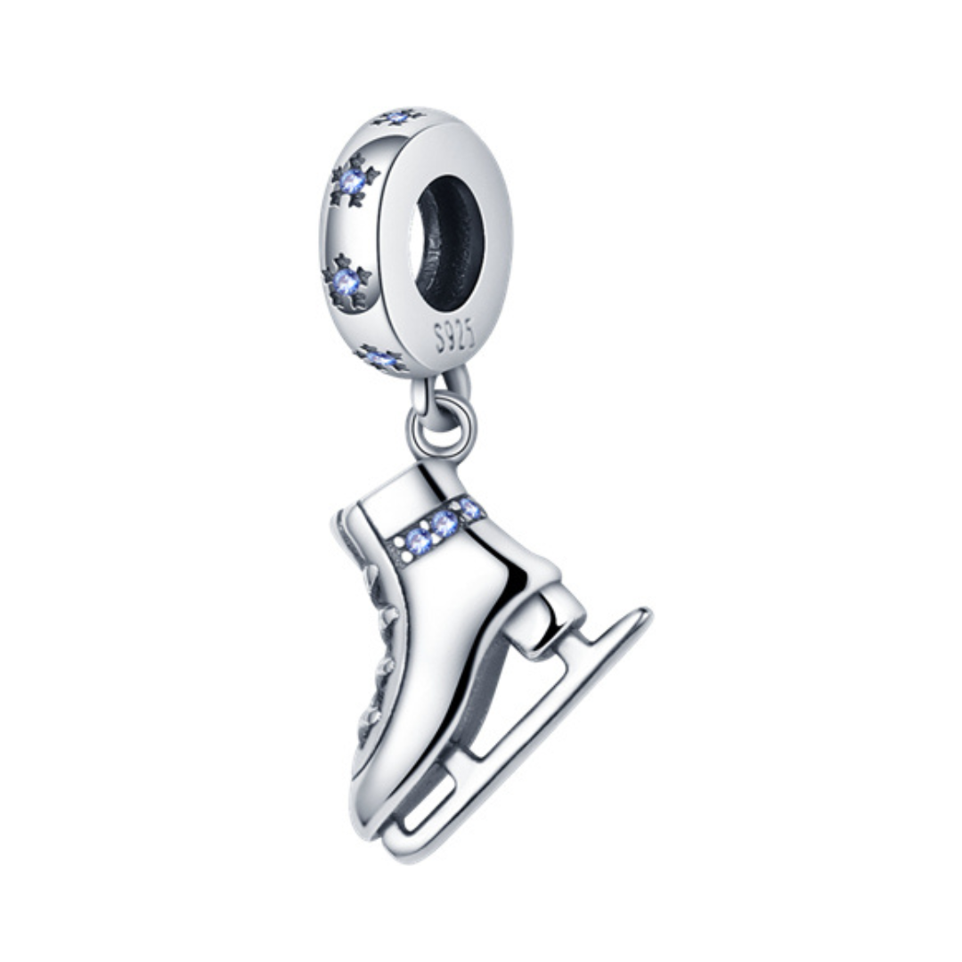 Born to Skate Ice Skate Dangle Charm featuring detailed silver skate with blue stones and snowflake bead.