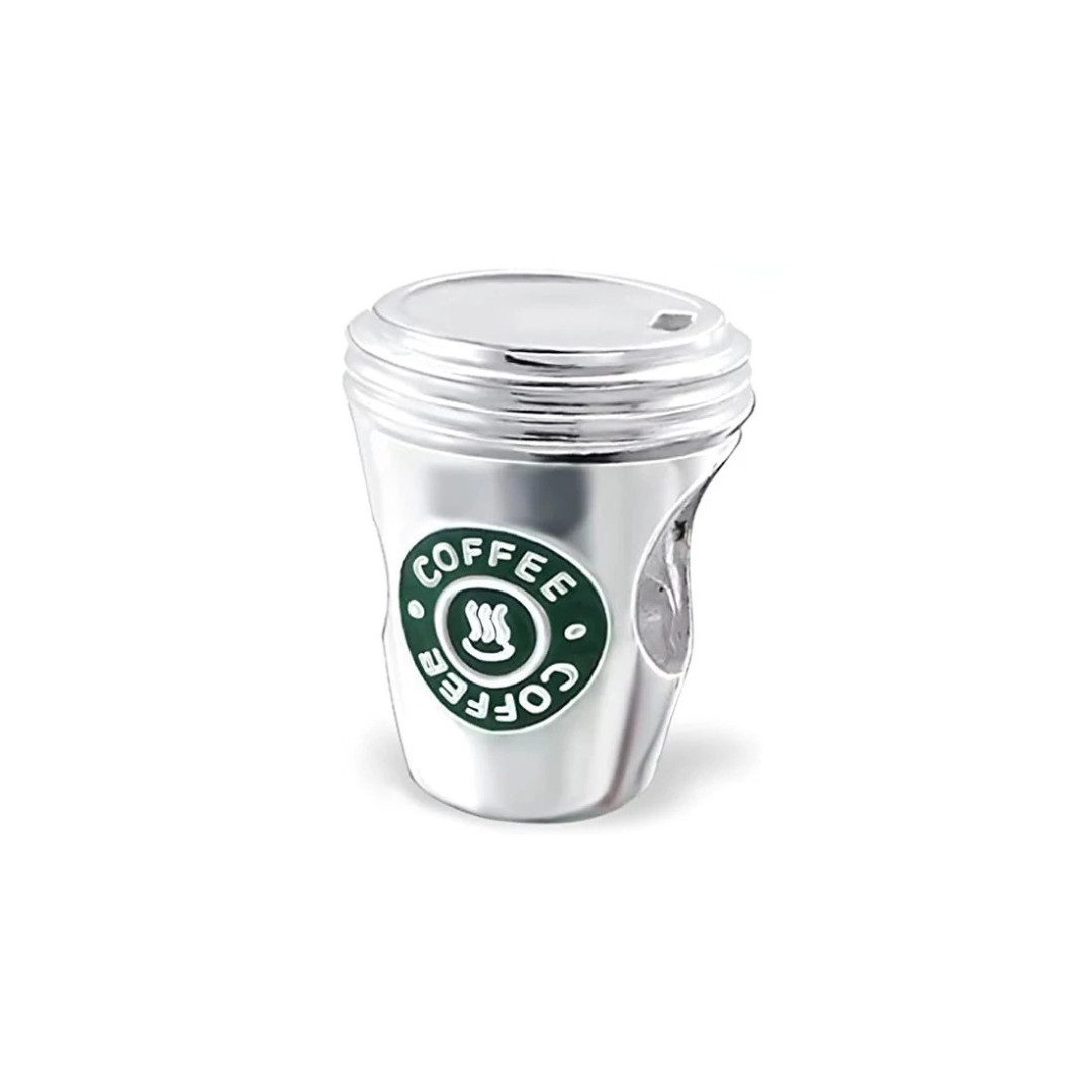 But First Coffee Takeaway Cup Charm in silver with green enamel coffee logo badge.