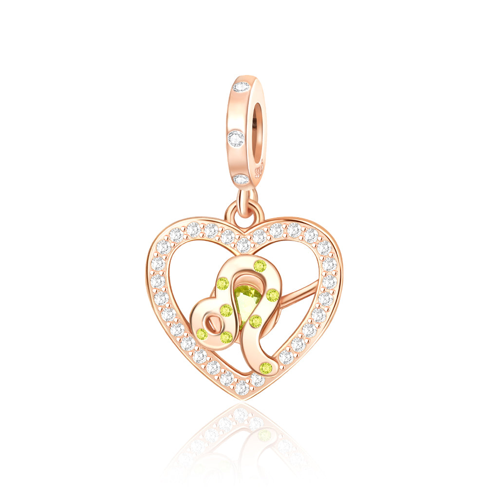 Rose Gold Sparkling Leo Dangle Charm featuring a rose gold heart and peridot green accents.