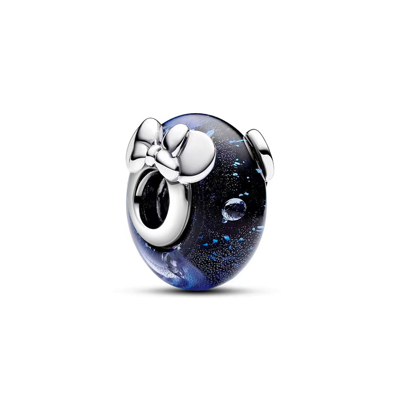 Disney Mickey & Minnie Galaxy Murano Glass Charm with Minnie's iconic bow and deep blue galaxy design.