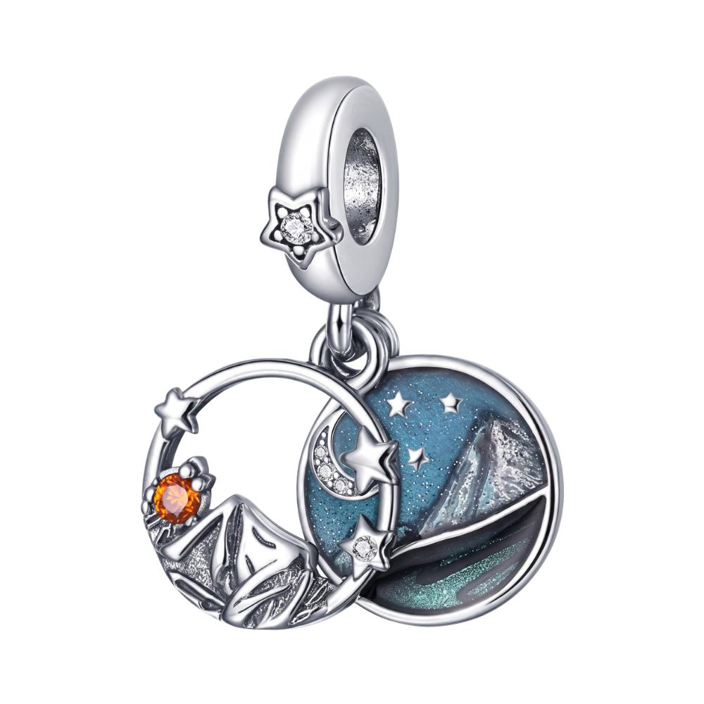 Camping Aurora Night Sky Dangle Charm featuring mountains, moon, stars, and teal night sky