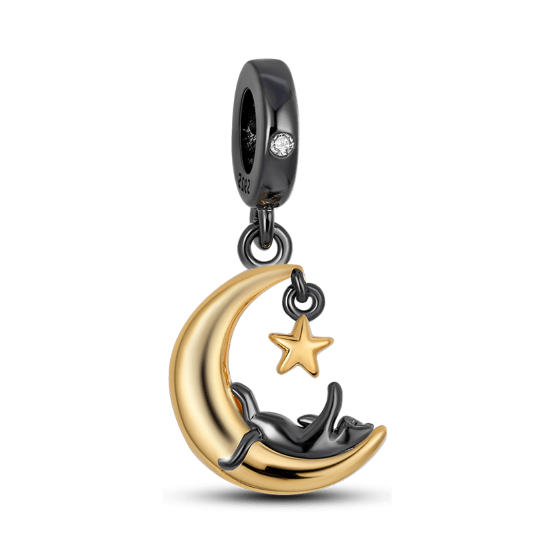 Cat On The Moon Dangle Charm featuring a cat sleeping on a crescent moon with a star, perfect for feline enthusiasts.