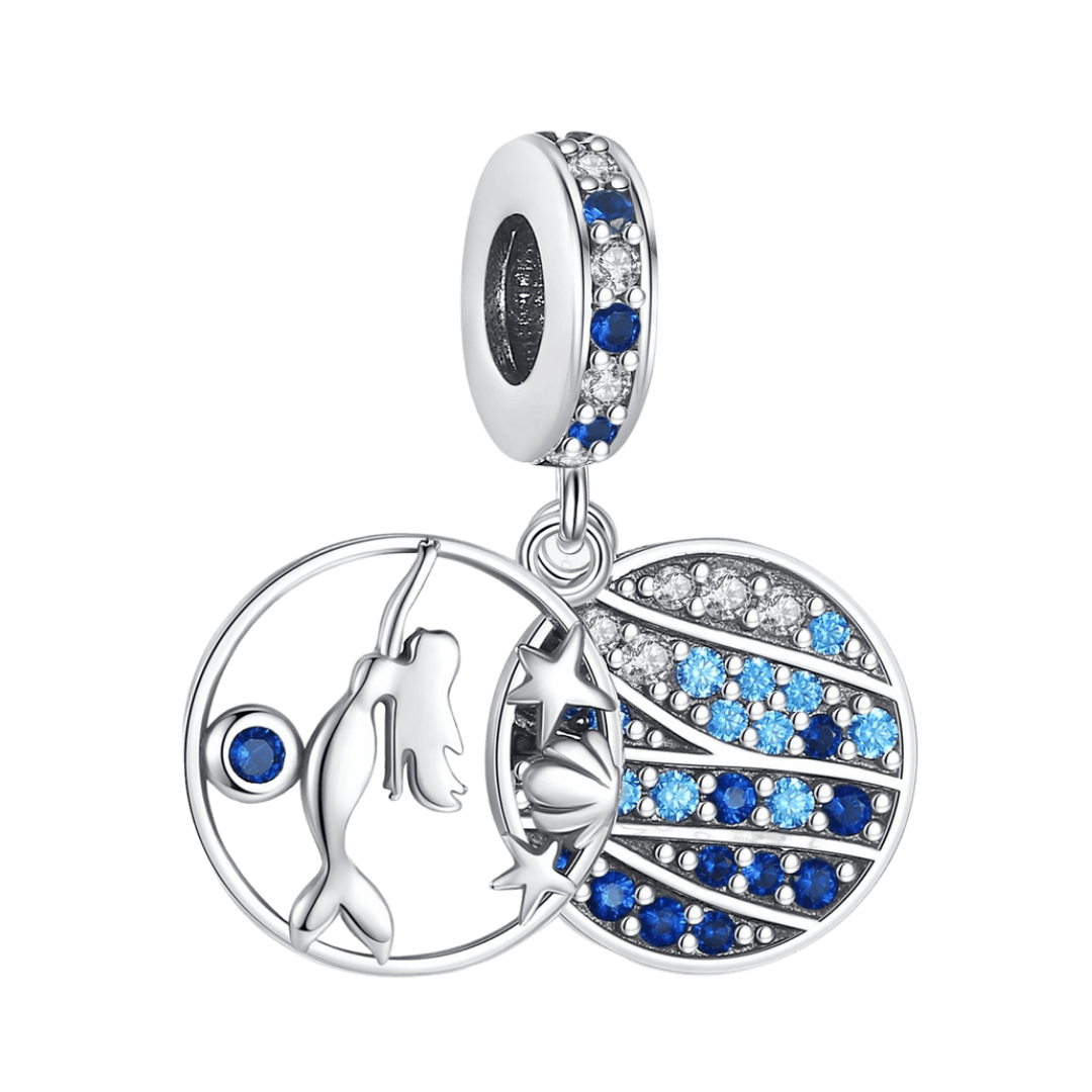 Celestial Mermaid Moon Dangle Charm featuring detailed mermaid design with blue and silver accents.