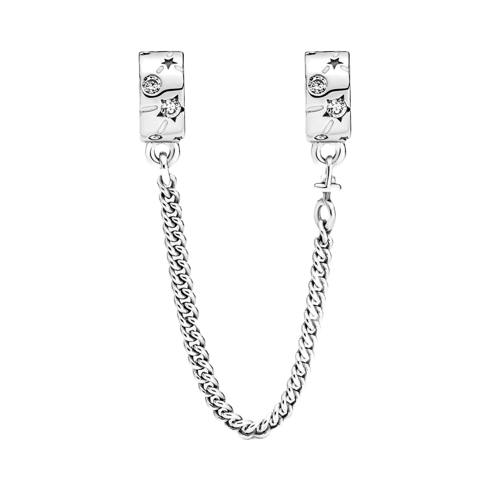 Celestial Stars Safety Chain with clip beads and curb-style silver chain, adorned with star motifs and clear stones.