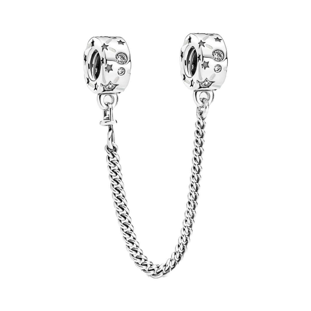 Celestial Stars Safety Chain with star-engraved clip beads and a silver curb chain, perfect for elegant jewelry.