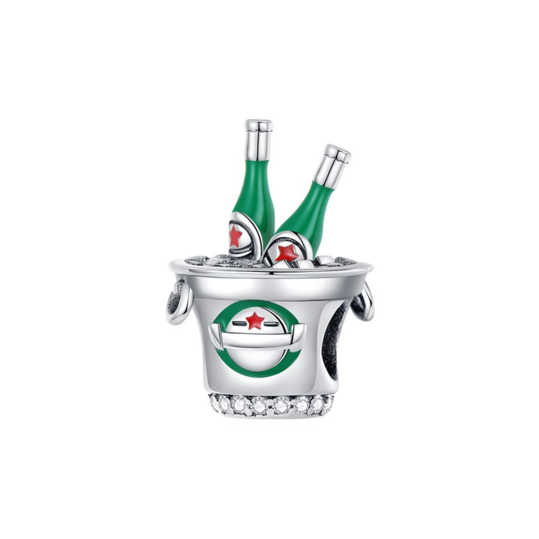 Champagne Celebration Ice Bucket Charm with green bottles in a sparkling silver bucket.