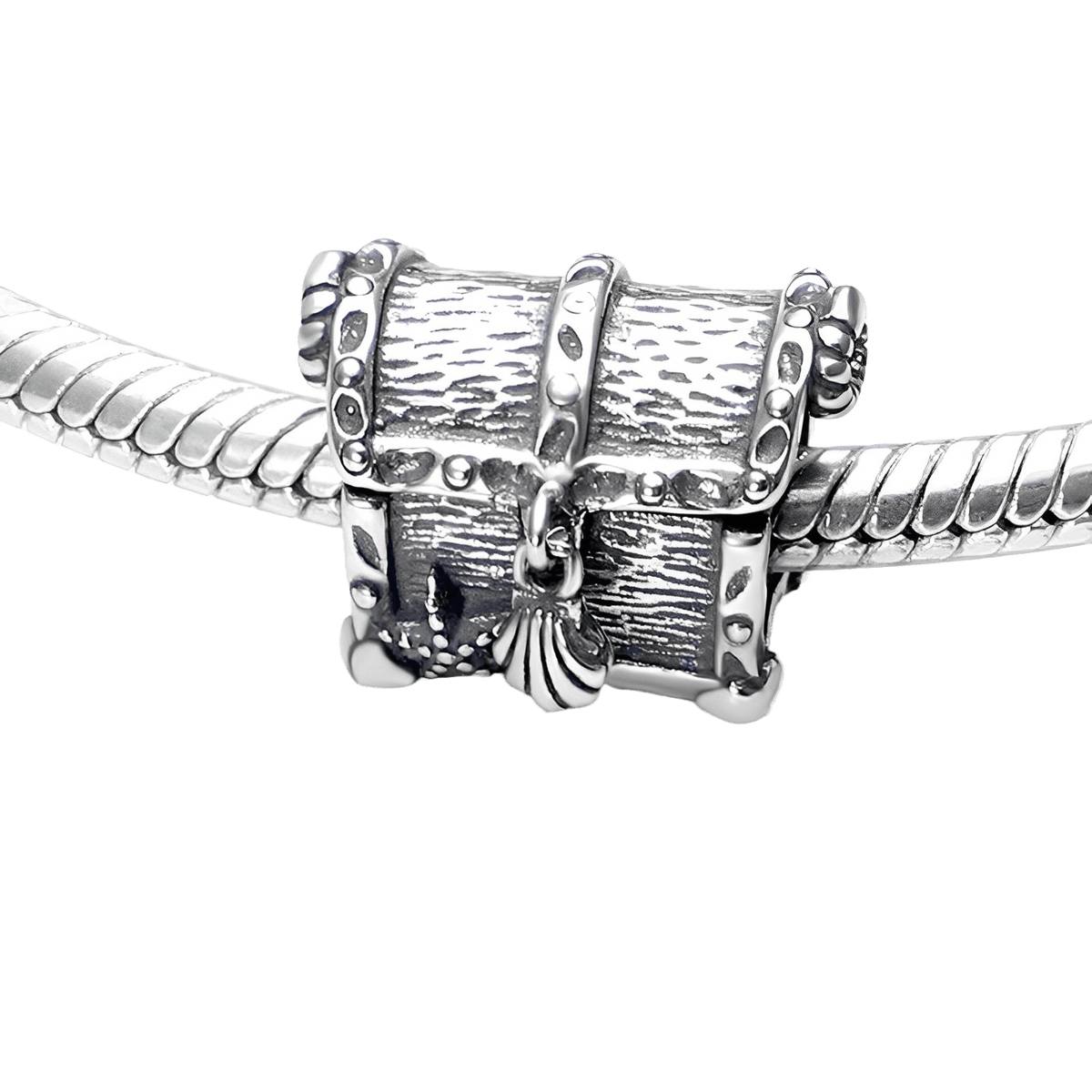 Chest of Treasure Charm ( DISCONTINUED) displayed on a bracelet, showcasing intricate detail and adventure theme.