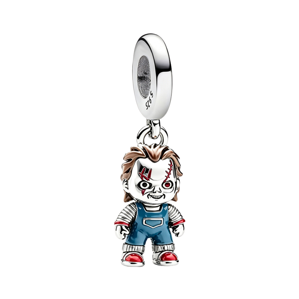 Child's Play Chucky Killer Doll Dangle Charm, detailed charm with scarred face, red eyes, and blue overalls.