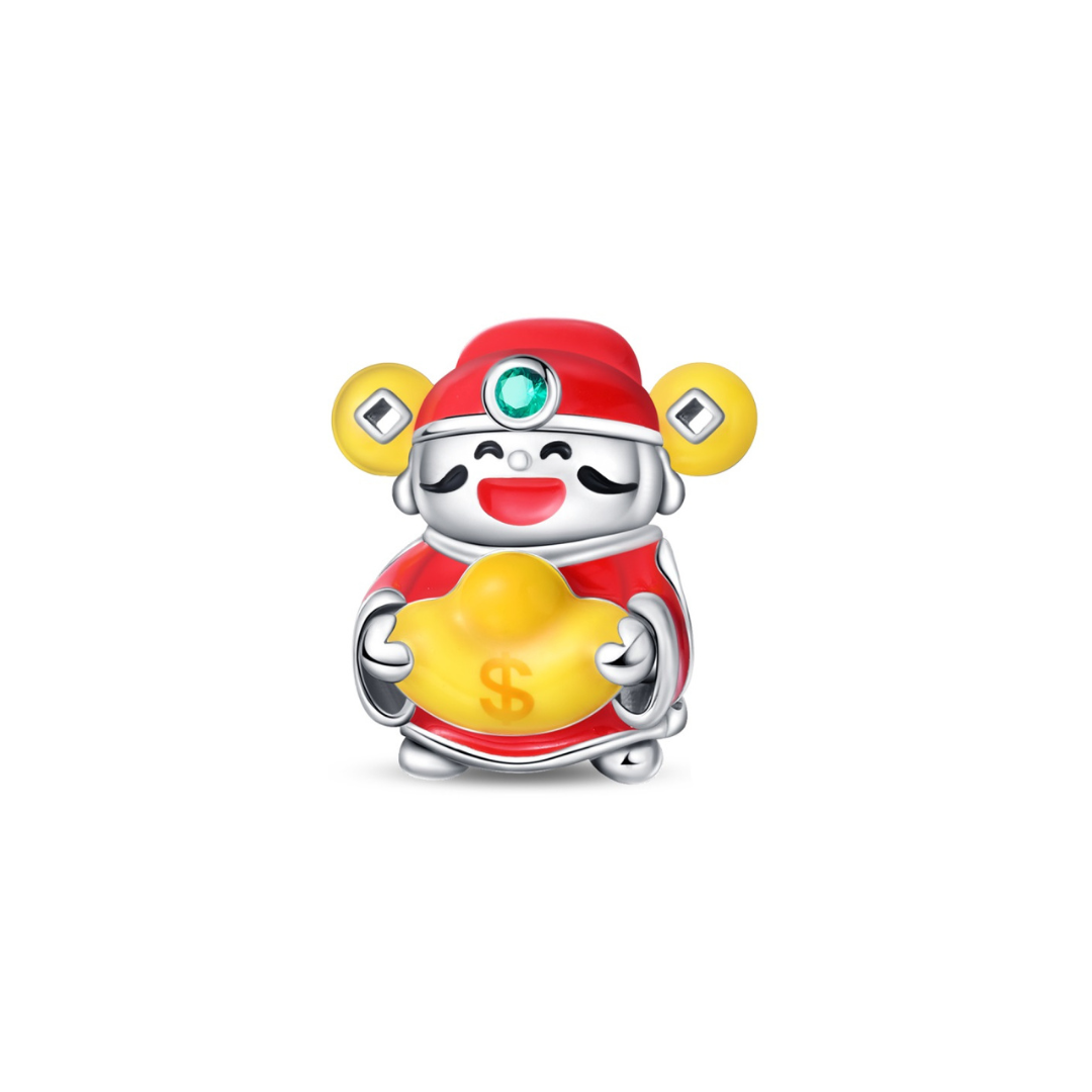 Chinese Wealth Fortune Charm figurine smiling with a gold ingot and a symbolic dollar sign.