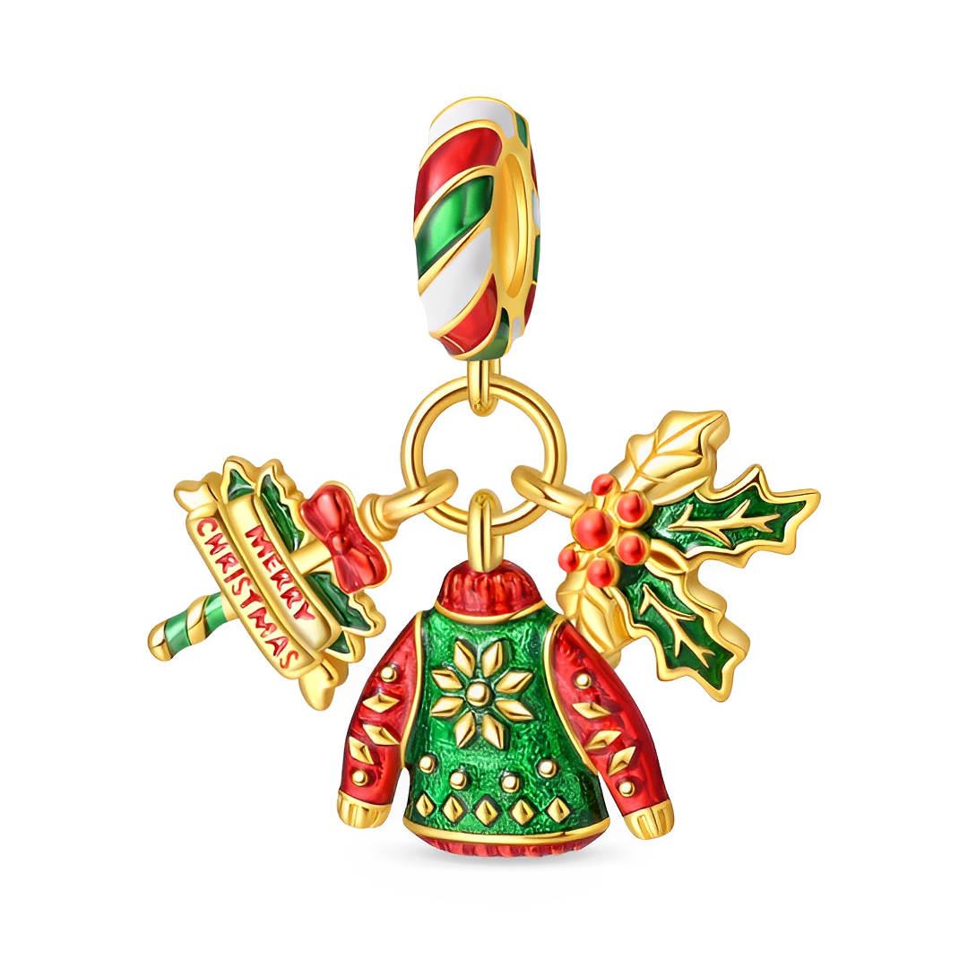 Christmas Jumper Triple Dangle Charm featuring a festive sweater, candy cane, and holly decorations.