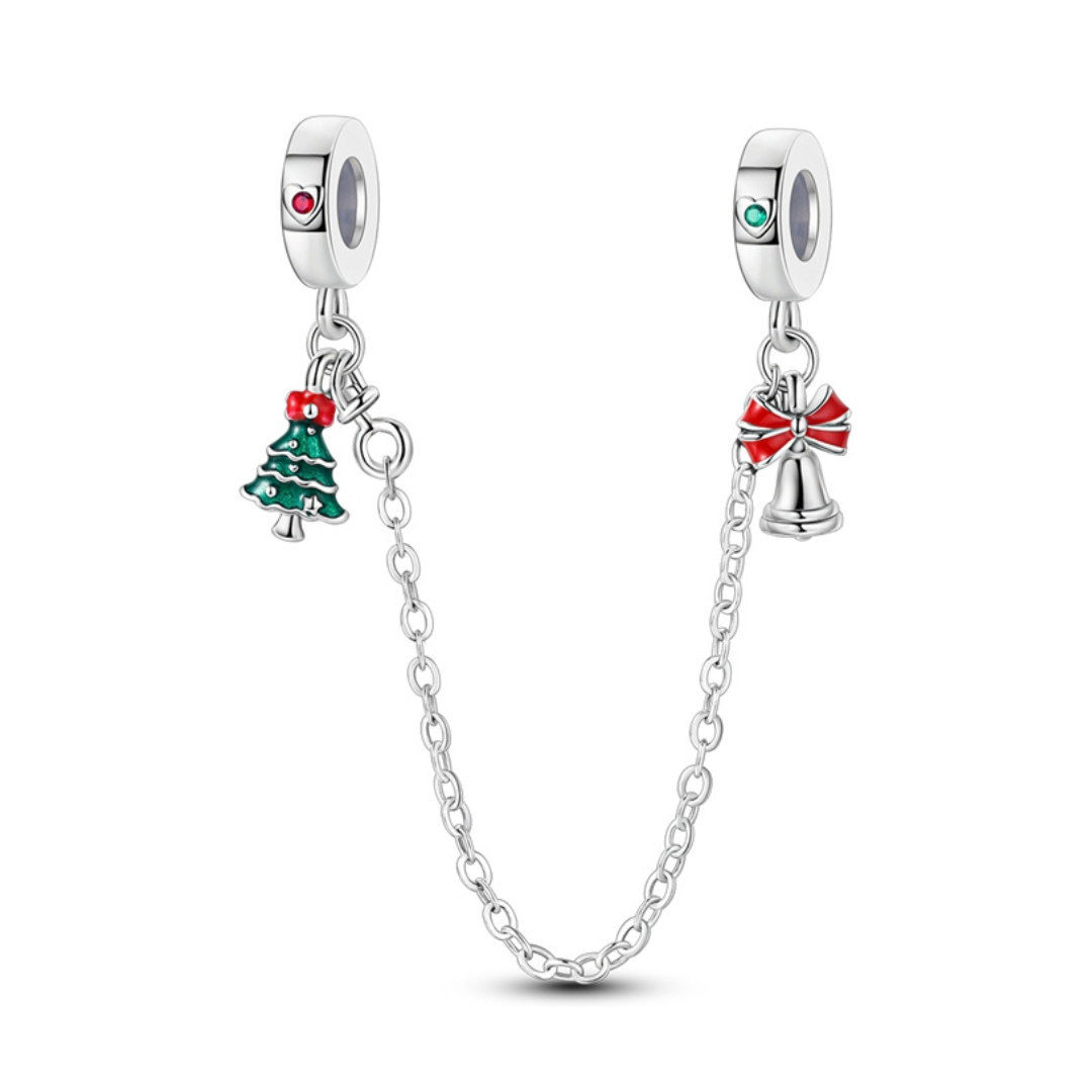 Christmas Safety Chain Dangle Charm featuring festive tree and bell decorations with a silver chain.