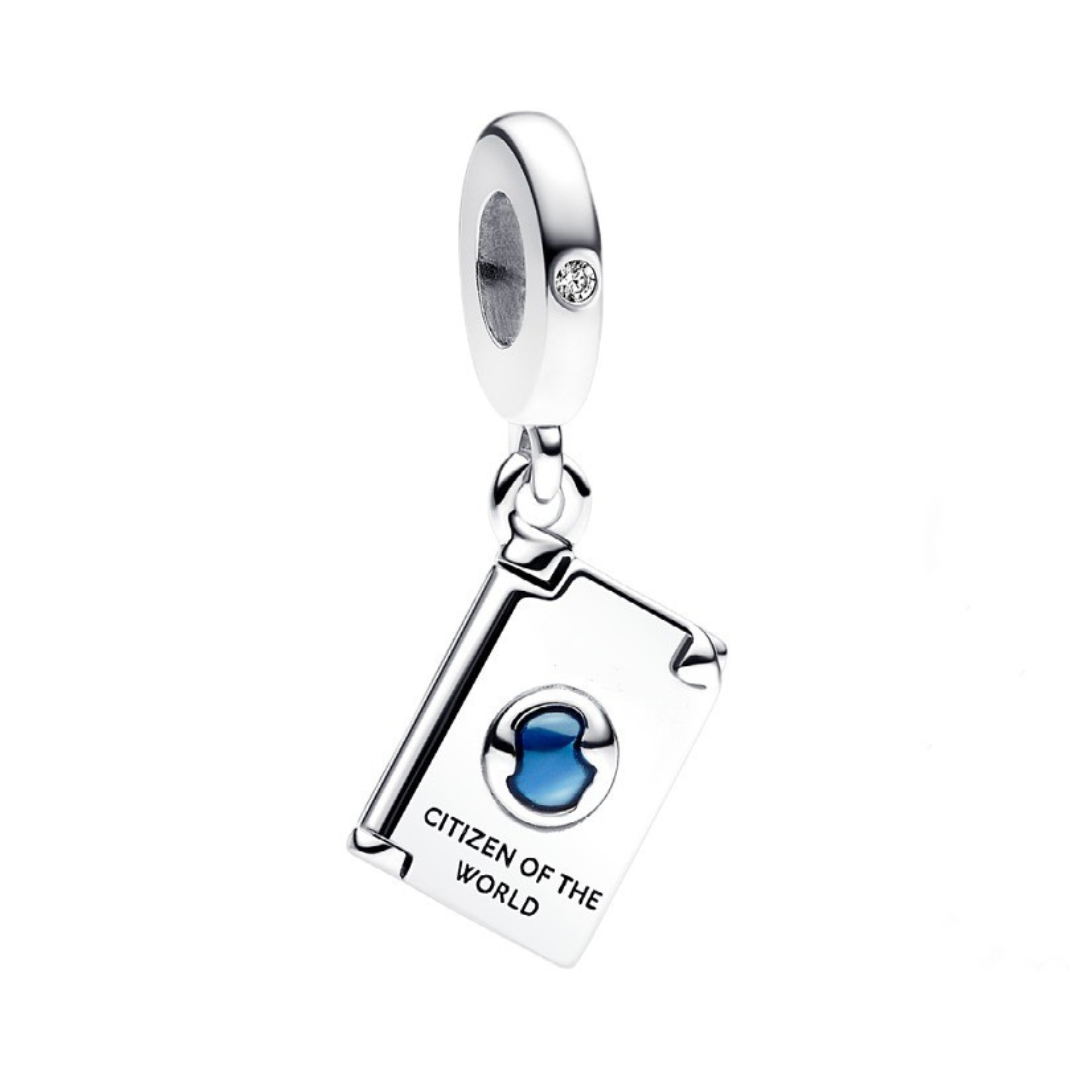 Citizen of the World Passport Dangle Charm featuring a silver pendant with blue globe and engraved text.