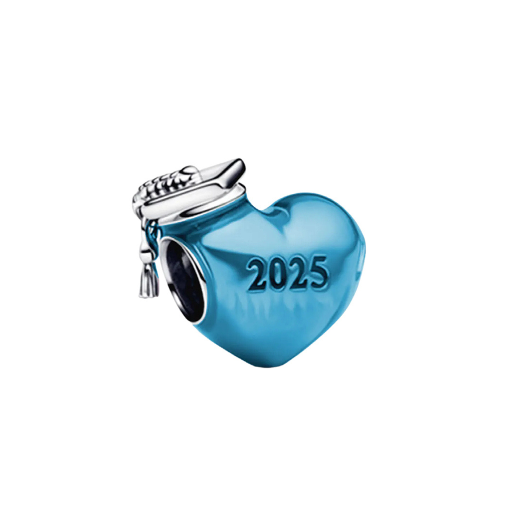 Class of 2025 Blue Heart Charm ( discontinued ) - blue glass charm with 2025 engraved, perfect graduation keepsake.