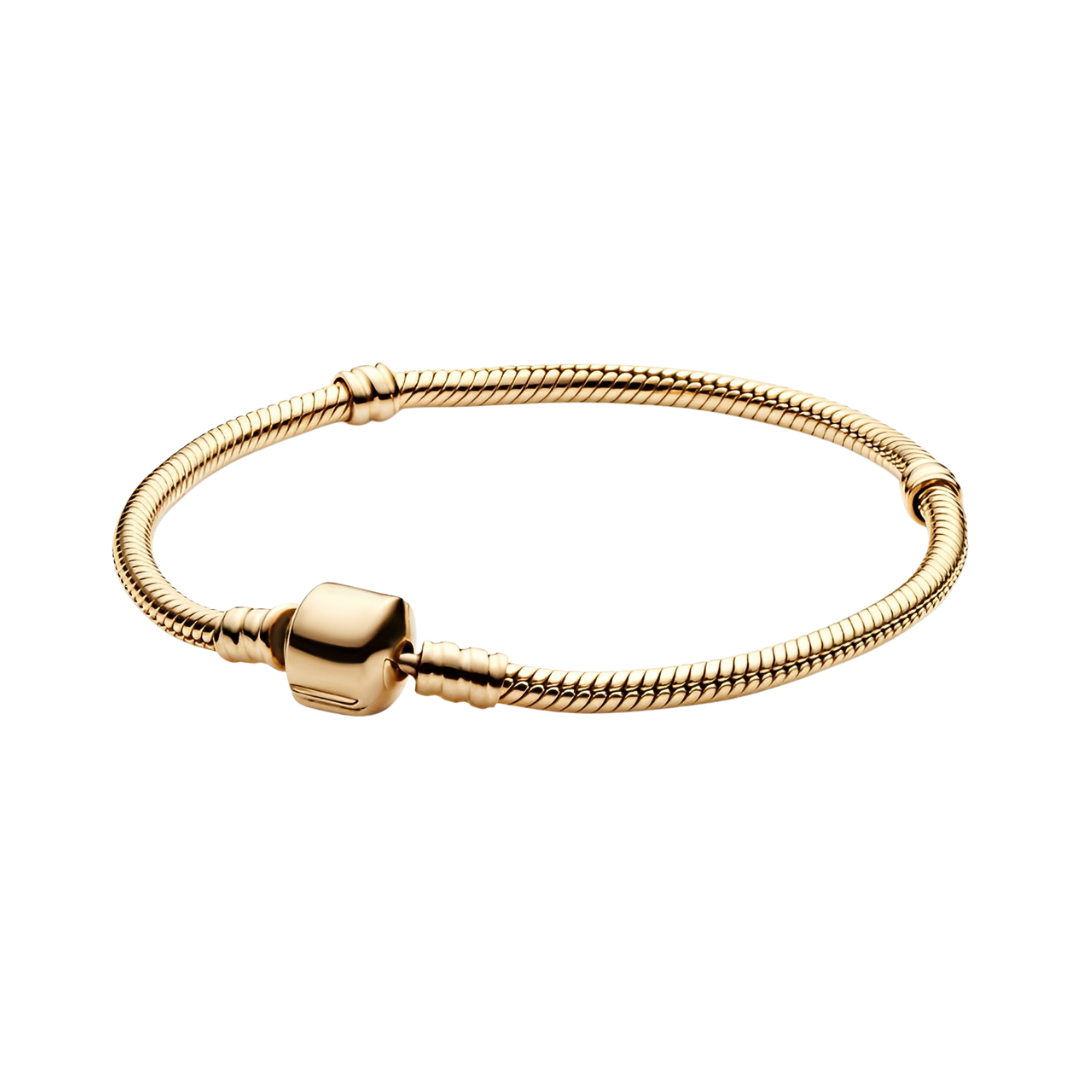 Classic Gold Barrel Snake Chain Bracelet elegantly designed for charm personalization and timeless elegance.