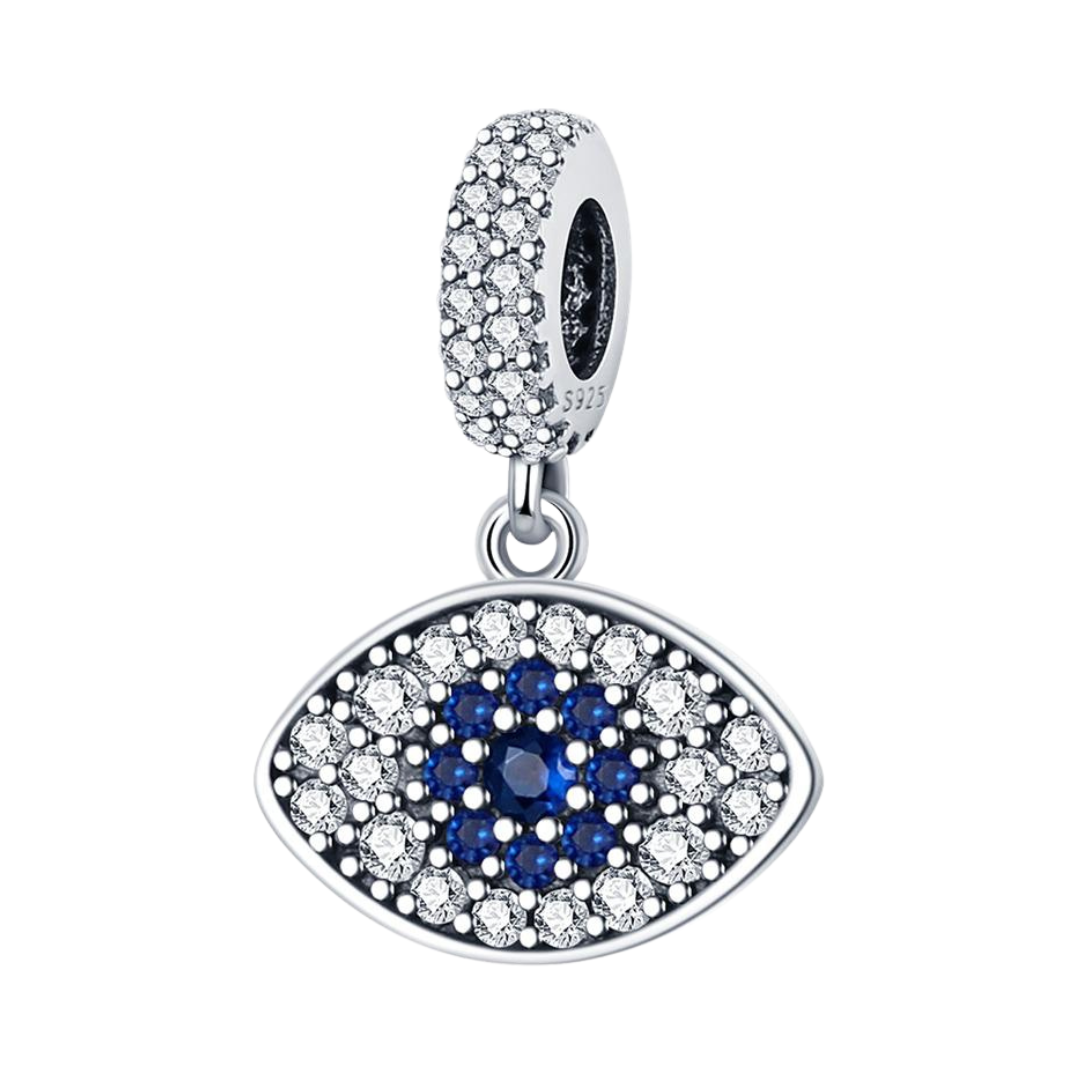 Classic Pave Evil Eye Dangle Charm featuring sparkling stones and a deep blue iris.
