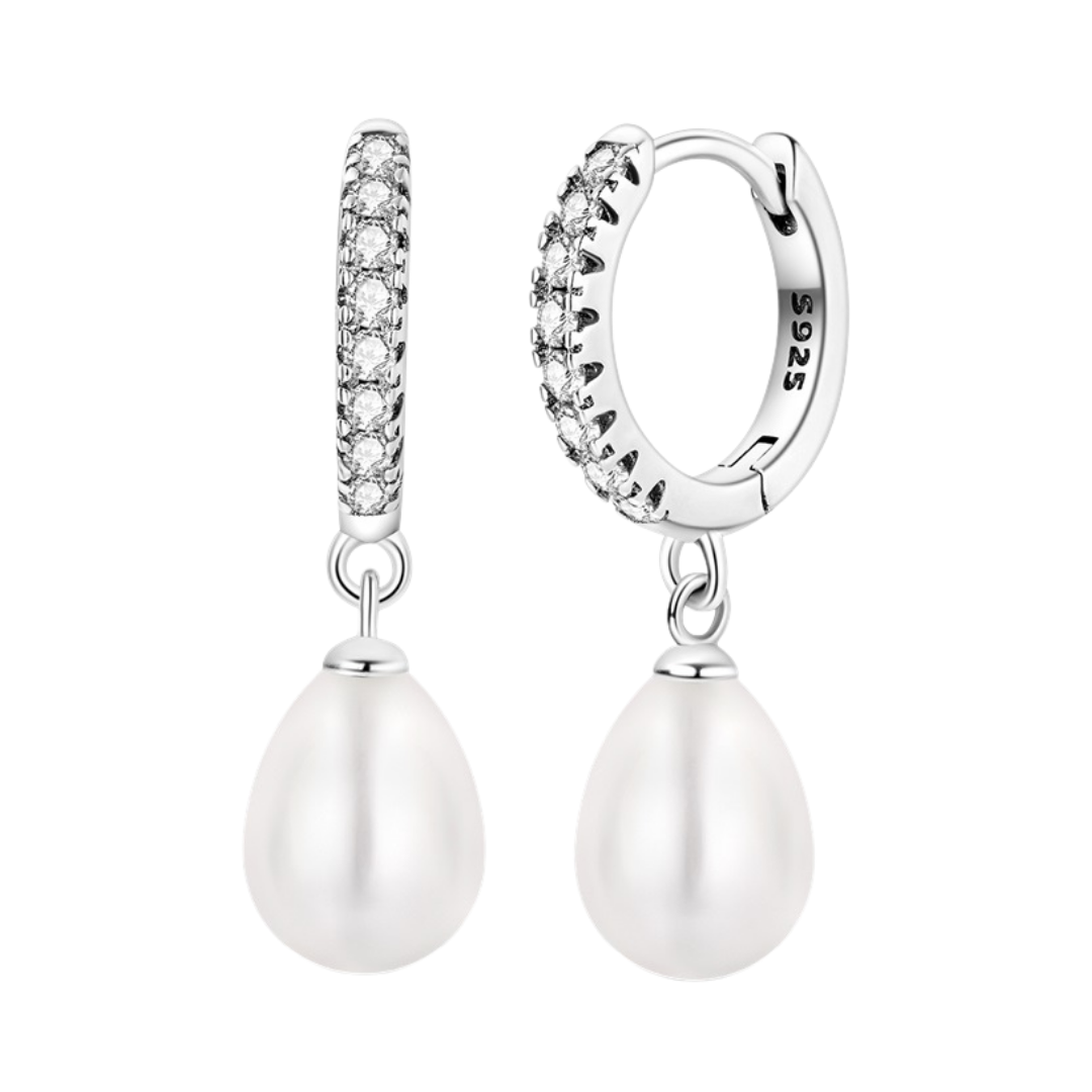 Classic Pearl Drop Hoop Earrings featuring elegant pearl drops and sparkling accents.
