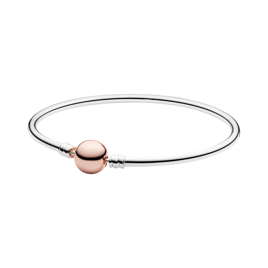 Classic Rose Clasp Two-Tone Bangle with delicate rose gold accent on silver bracelet.