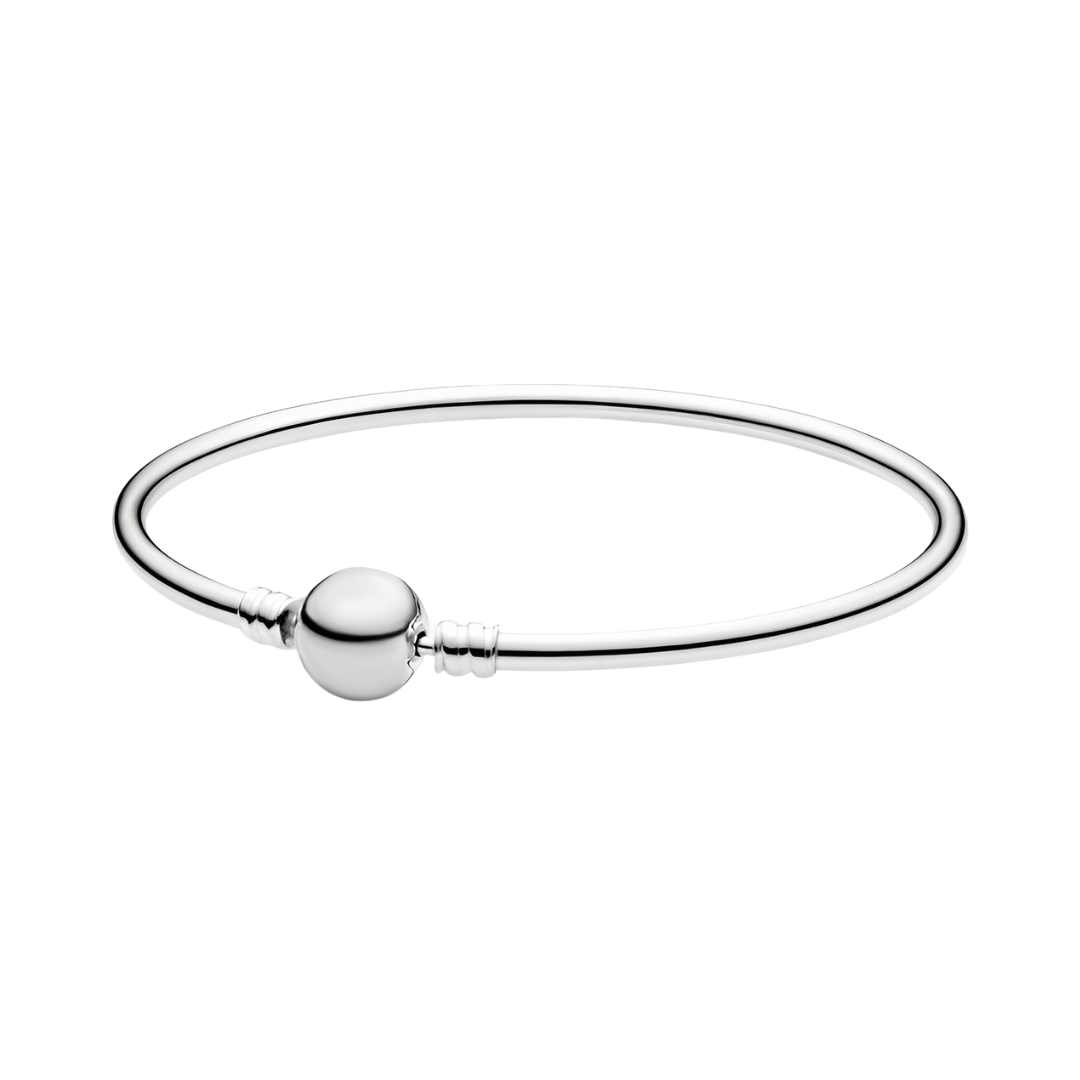Classic Silver Bangle with a minimal design, perfect for everyday wear and charm stacking.