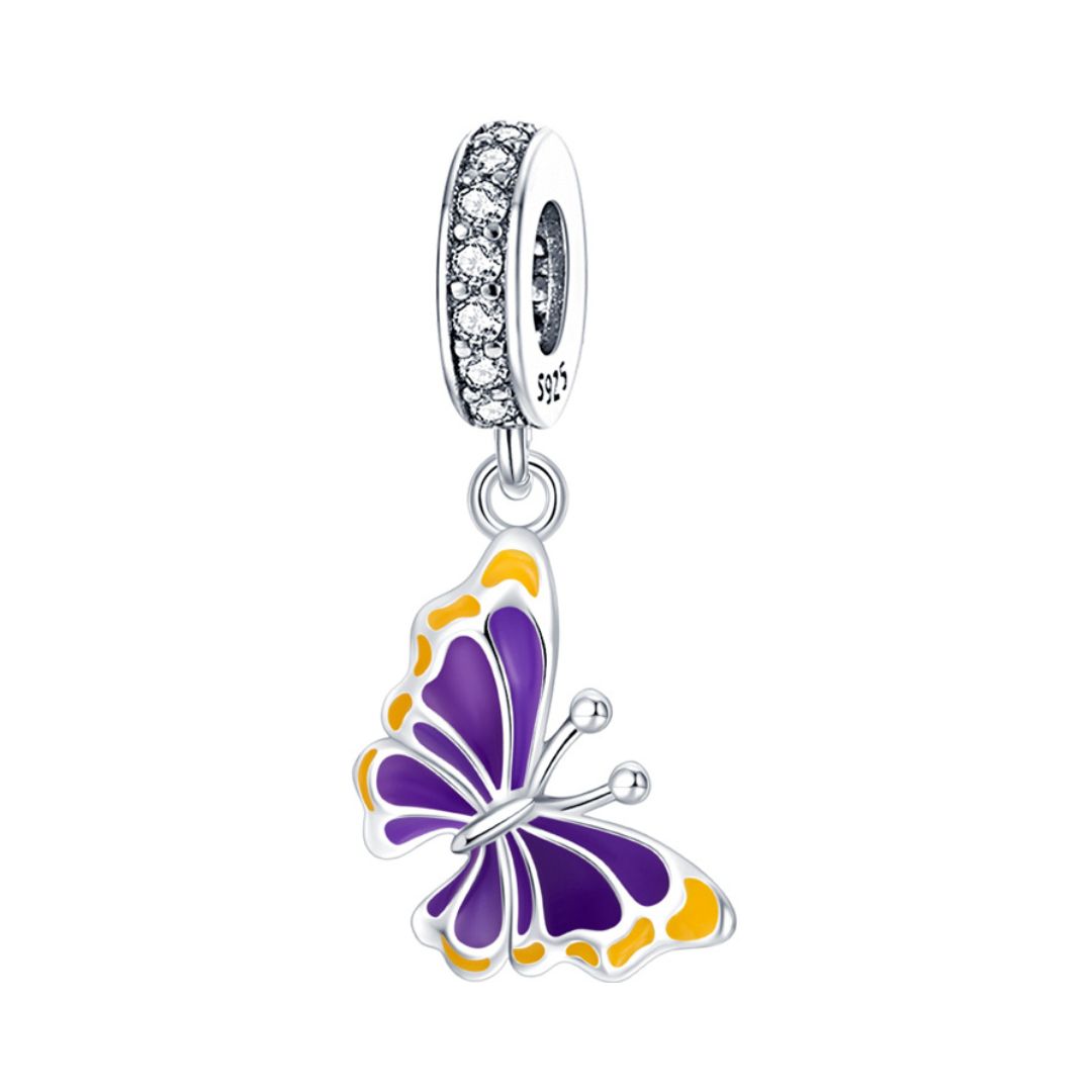 Colour Change Butterfly Dangle Charm featuring a purple and yellow enamel butterfly design.