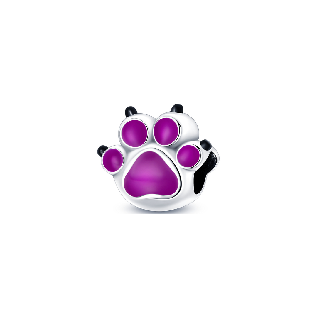 Colour Change Pet Paw Print Charm with purple enamel pads and black claw details.