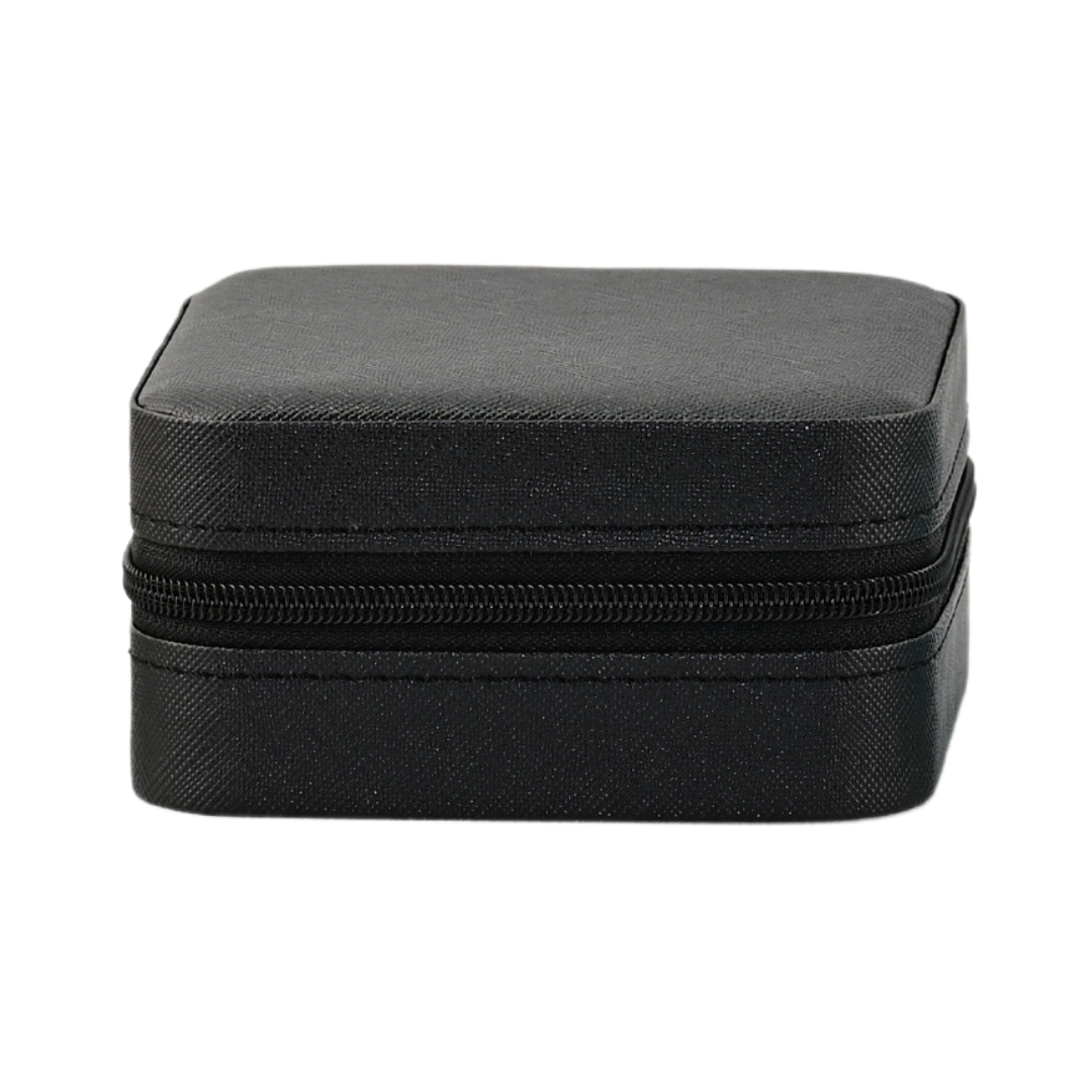Small Jewelry Box in black, durable material with smooth zip closure for storing jewelry on the go.