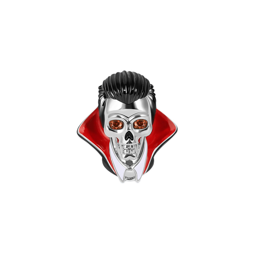 Count Dracula Vampire Skull Charm featuring detailed silver skull with amber eyes and dramatic red cape.