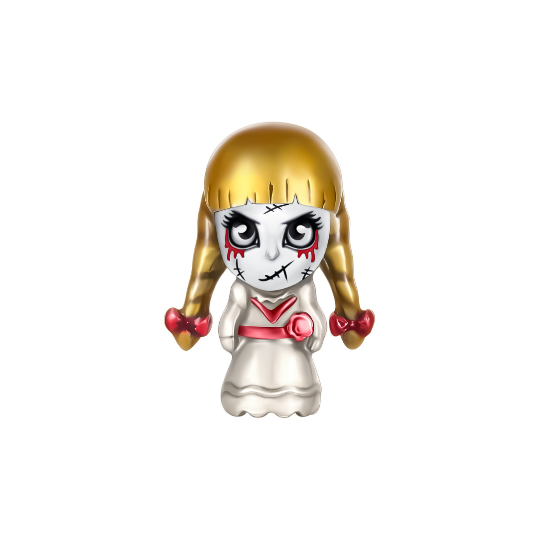 Close-up of the Creepy Annabelle Doll Charm, featuring a stitched face and red eyes, ideal for Halloween jewelry.