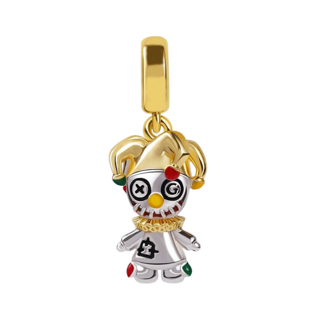 Creepy Clown Jester Halloween Dangle Charm featuring a jester hat and colorful details.