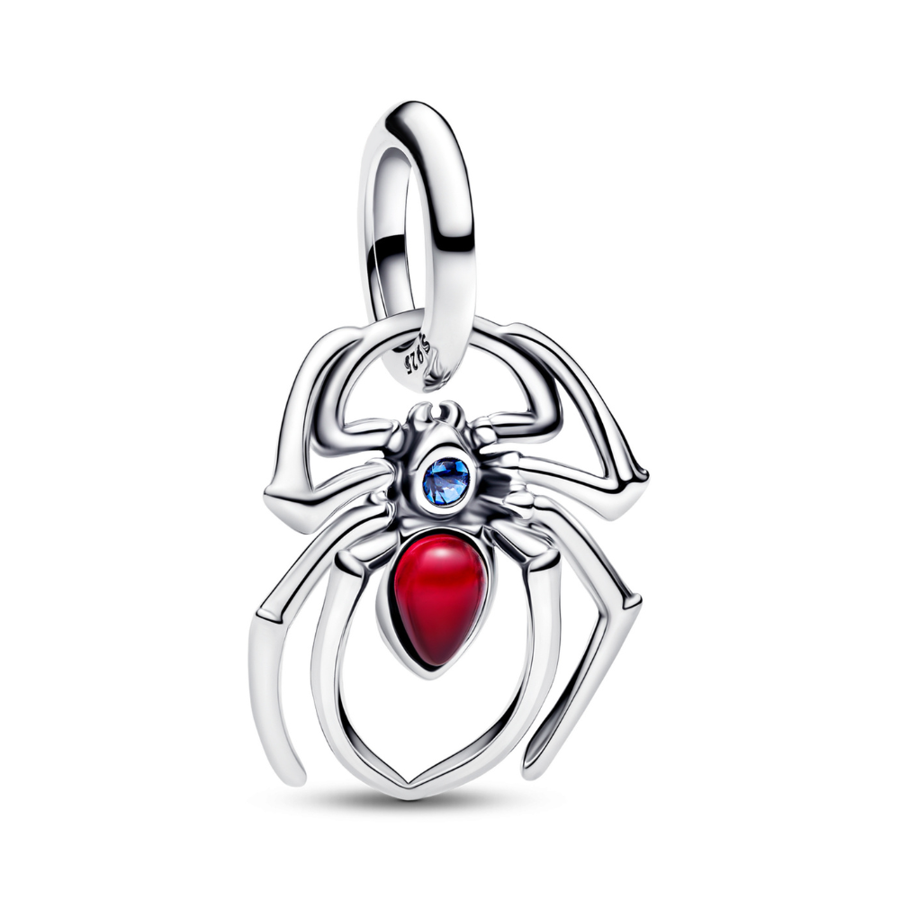 Crimson Spider Pendant featuring a silver spider with red enamel abdomen and blue stone