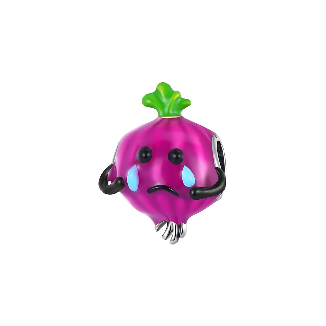 Cry Me a River Crying Onion Charm with purple-pink enamel, green top, and blue teardrops.